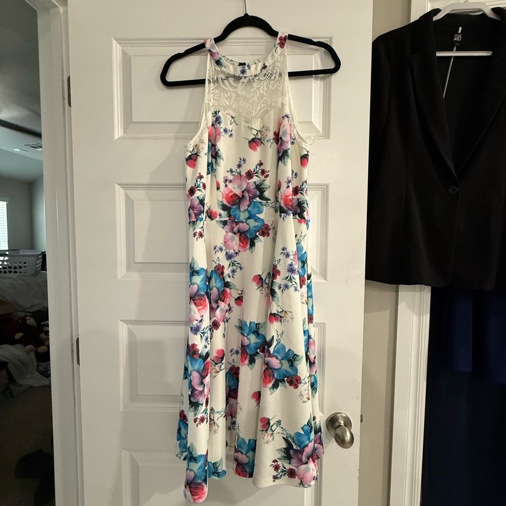 Floral White and Blue Dress